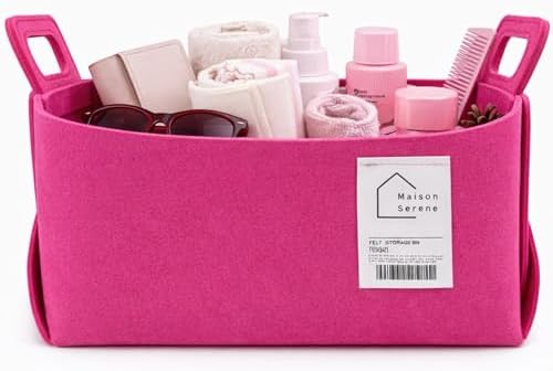 Pink Felt Storage Basket with Handles, Foldable Fabric Bin Organizer | Collapsible Decorative Basket for Shelves, Closets, Toys & Nursery – Versatile Fabric Bin for Home, Bedroom and Playroom