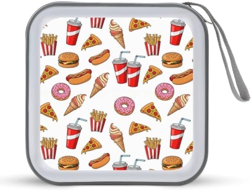 CD DVD Case Holder Hamburgers Pizza Disc Wallet Storage Case 40 Capacity | DVD Organizer, Hamburgers French Fries Pizza Fast Food, Hand Strap Zipper Closure, Home Car Office Accessories