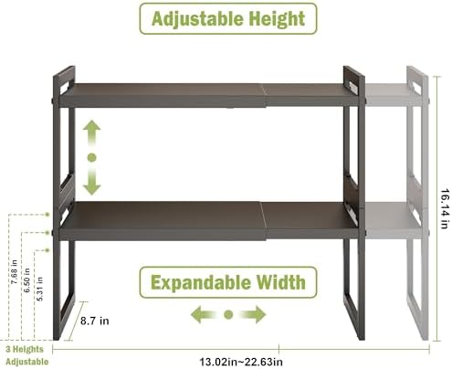 DOLALIKE Expandable Kitchen Countertop Organizer, Stackable Cabinet Shelf Organizers, Space Saving Spice Rack Pantry Storage for Bathroom Office Organization (Black, 2 Pack) | Space Saving Metal Pantry Storage Racks for Kitchen Spice Rack Pans and Unte...