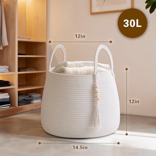 Large Nursery Hamper, 30L Blanket Basket with Handle, Baby Laundry Basket for Gift, Toy, Clothes, Woven Storage Basket with Wooden Bead Decor, Baby Hamper for Nursery (Black&Brown)