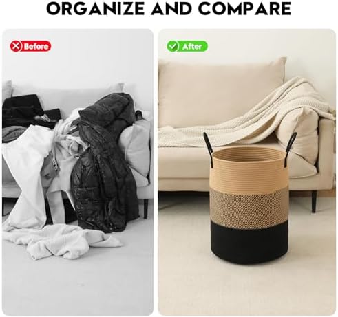 Laundry Basket Hamper Tall Rope Storage Woven for Blanket toys Dirty Clothes in Living Room Bathroom Bedroom (Jute Brown & Black, 80L/21.3Gal)