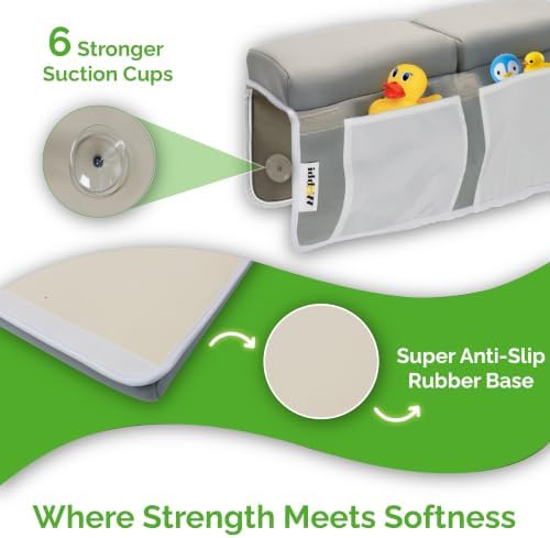 Wobbi Baby Bath Kneeler and Elbow Rest Pad Set | Extra Thick Memory Foam Support for Comfortable Bath Time | Non-Slip Suction Base | 4 Storage Pockets & Quick-Dry Design for Parents | Gray