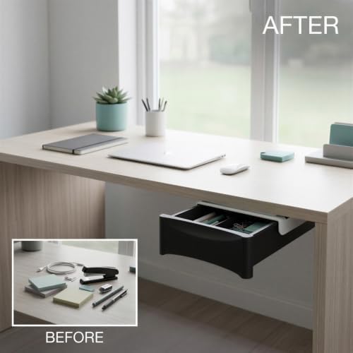 Under Desk Drawer Organizer, Invisible Hanging Container with Smooth Pull Out Design, Large Capacity PET Storage Box, No Drill Install with Self Tapping Screws, 8.9 x 7.5 x 2.6 in Black, for Office