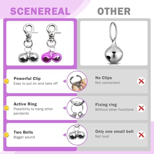 SCENEREAL Bells for Dog Collars - 2 Pack Pet Hanging Ring Bell Accessories for Dog & Cat, Pet Pendant Collar Charm with Heavy Duty Snap Clips, Sliver Bells for Tracking and Training Christmas Gift