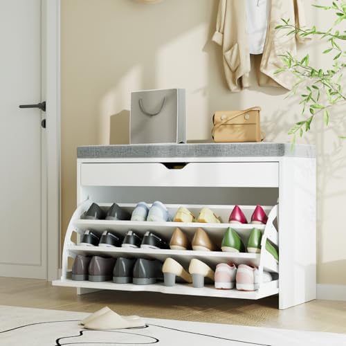 VOWNER Shoe Storage Bench with 3-Tier Flip Drawer, Shoe Rack Bench with Adjustable Shelves & Hidden Storage Space, Shoe Organizer for Entryway, Hallway, Living Room, White