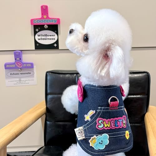 Denim Dopamine Pet Vest Shirt - Colorful Cartoon Embroidery Design, Adjustable Vest (L)