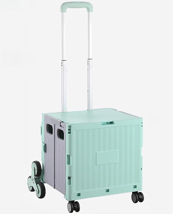 Collapsible Shopping Box Trolley on Wheels with Lid,75L Large Capacity Folding Portable Rolling Crate Handcart with Telescopic Handle for Camping (Green,Medium Eight Wheel)
