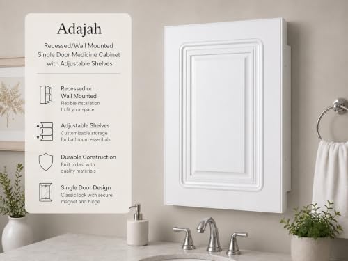 16” x 22” White Recessed Medicine Cabinet | Bathroom Storage Cabinet with Adjustable Shelves, Rust-Proof Design with Wooden Door | Modern Beveled Edge Wall Mounted Medicine Cabinets