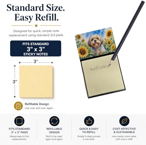 Caroline's Treasures Lhasa Apso in Sunflowers Watercolor Sticky Note Holder Refillable Dispenser Desk Accessory 3x3 Pad Gift