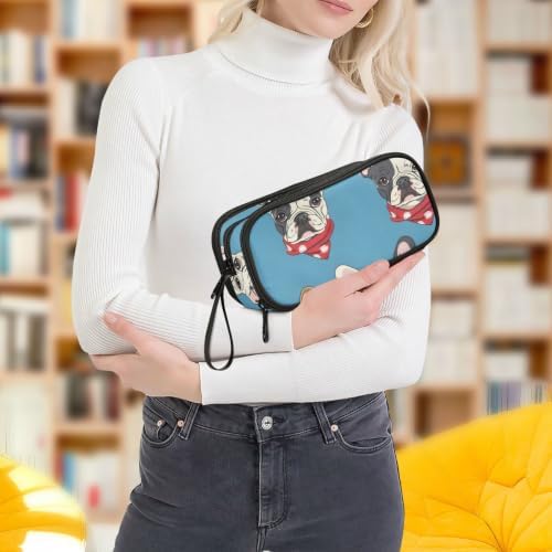 Pencil Case with Handle, Large Capacity Zipper Pencil Bag with 3 Compartments,Dog Seamless French Bulldog Vector Pet Puppy Cartoon Gift Pencil Pouch Organizer for Teen Girls Boy School&Colle
