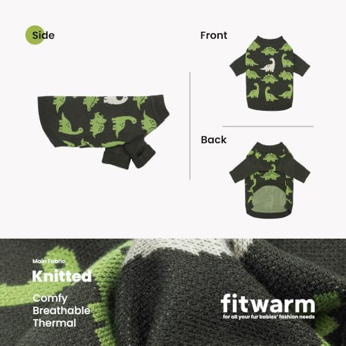 Fitwarm Dinosaur Dog Jacquard Sweater, Knitted Winter Clothes for Small Dogs Boy Girl, Cozy Pet Outfit, Dark Green, Olive, White, Large