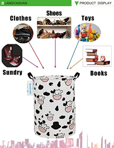 Round Laundry Basket Collapsible Storage Hamper Organizer Spotted Cow | Waterproof Canvas Foldable Baskets with sturdy Handles Multi-scene Organizer for Home Play Bedroom Gift Bin