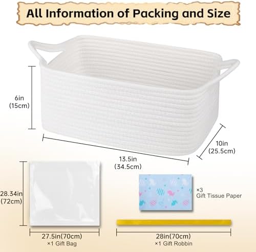 OIAHOMY Woven Basket, Gift Basket Empty with Gift Bags, Ribbons and Wrap Tissue Paper, Rope Baskets for Baby Showers, Storage Baskets with Handles for Nursery, Pet Toy Organizer - Easter White