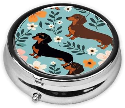 Dachshund Floral Printed Pill Organizer,Round Travel Pill Organizer Mini Medicine Pill Box for Purse Iron Plating