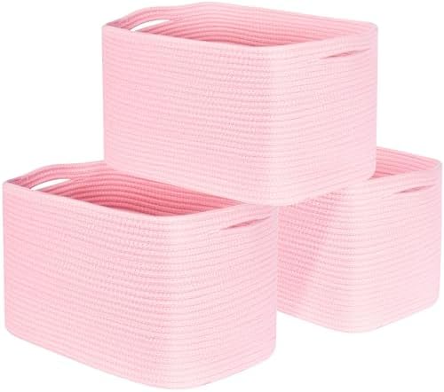 MINTWOOD Design 3-Pack Decorative Woven Storage Baskets for Shelves, Cube Bin Box for Organizing Books, Shoes, Dog Toys, Pantry Closet and Living Room Organizer, Soft Pink