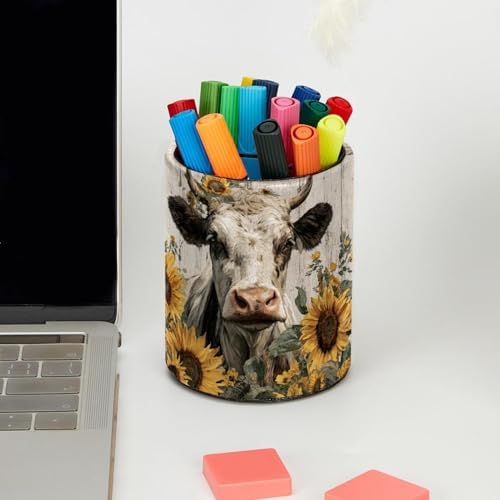 Faux Leather Pen Holder for Desk, Pencil Organizer Sunflower and Cow Pen Cup Desk Decor Makeup Brush Holder Storage for Office Home