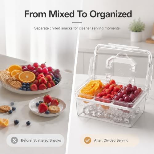 VECELO Ice‑Chilled Serving Tray with 3 Removable Draining Compartments, Cold Food Platter for Party Picnic Buffet,White