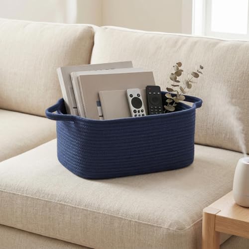 Large Blue Storage Basket, 16.5" x 12.5" x 7" Big Gift Basket Empty, Rectangular Woven Cotton Rope Bin with Handle for Gift, Kids Dog Toy Box, Baby Nursery Organizer, Navy Blue Home Decor