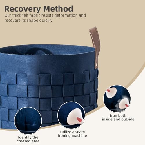 BOLDMONKEY Blankets Basket 15" x15 " x13 " 2 Pack, Felt Storage Baskets for Organizing Round, Living Room Dog Toy Bin for Dirty Clothes, Pillows, Towel-Navy Blue
