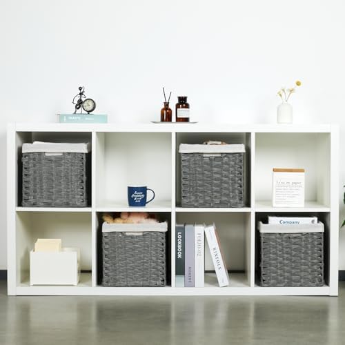 Bidtakay Wicker Storage Baskets for Organizing 4-Pack Hand-Woven Imitation Dark Grey Wicker Cube Storage Bins with Liners for Shelves Closet Cabinet 11x11 Waterproof Cube Organizer for Pantry