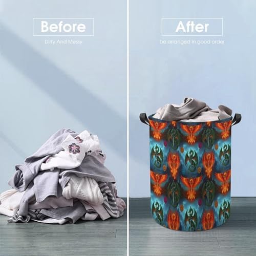 Foldable Laundry Basket with Handles Flame Dragon Phoenix Western Myth, Waterproof Storage Hamper for Clothes, Toys, and Towels in Bedroom and Bathroom
