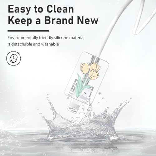 Cute Cable Protector for iPhone 18W/20W Adapter Charger with Kawaii Bunny Tulips Design, Soft TPU Clear Cord Wire Saver Data Line Cable Case Charger Protector for iPhone 11 12 13 14 15 Pro Max