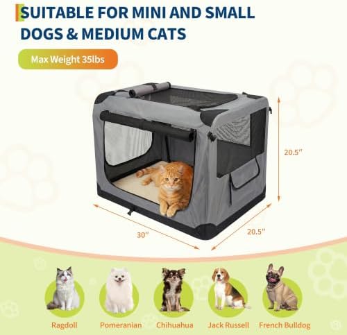 Soft Dog Crate for Large Dogs - Collapsible 3-Door Portable Travel Kennel with Washable 600D Cover, Fleece Bed, Metal Frame, Safety Zippers - L Size