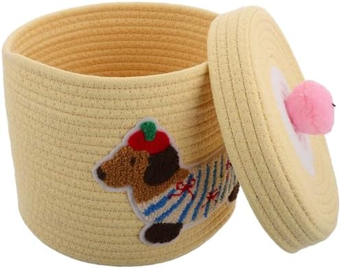Car Storage Basket Woven Cotton Rope with Dustproof Lid Cute Dog Shaped Organizer Basket Large Capacity Pet and Sundries Storage for Car Interior