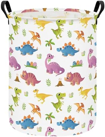 Round Laundry Basket Collapsible Storage Hamper Organizer Cute Dinosaur | Waterproof Canvas Foldable Baskets with sturdy Handles Multi-scene Organizer for Home Play Bedroom Gift Bin