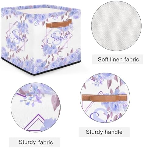 Personalized Storage-Baskets for Organizing,Foldable Storage-Bins with Handles Custom Cute Basket for Boys,Girls,Pet,Clothes,Blanket,Bedroom Nursery Toy Storage Gift,13 x13 x13 In, Floral Purple