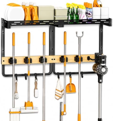Mop and Broom Holder Wall Mount with Shelf,Vacuum holder,5 Grips,6 Hooks | 3-in-1 Cleaning Supply Wall Organizer,Top Shelf with Railing,Storage Rack for Laundry Utility Garages Kitchens,
