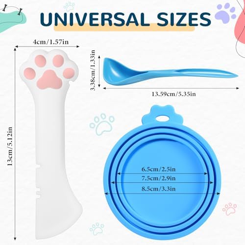 Uiifan 8 Pcs Cat Food Can Covers Lids Set, Silicone Pet Food Can Lids with Multi-Function Cat Foods Spoon and Opener, Silicone Wet Foods Spoon for Cats and Dogs(Blue)