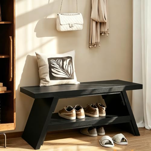 2-Tier Shoe Storage Bench, 40" Solid Wood Entryway Stool Storage | Narrow Shoes Racks for Entryway, Slim Minimalist Multi-Purpose Bench for Tight Spaces & Small Hallways