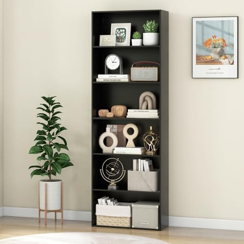 Giantex 6-Tier Bookcase, 70" Tall Wooden Bookshelf, Freestanding Storage Organizer w/Open Shelves, Anti-Tipping Kits, Modern Floor Standing Display Shelves for Living Room, Bedroom (1,Black)