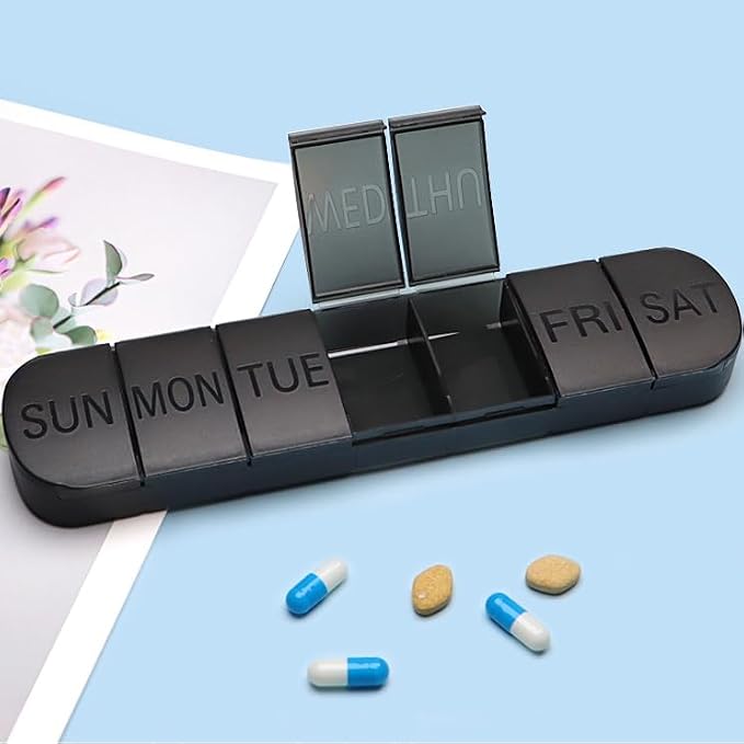 Pill Organizer Large, Travel Weekly 7-Day Vitamins Case Dispenser | Matte Black, Medicine Pill Box Holder Container for Medication, Meds and Minerals, Supplements, Fish Oil, Capsules, Tablet