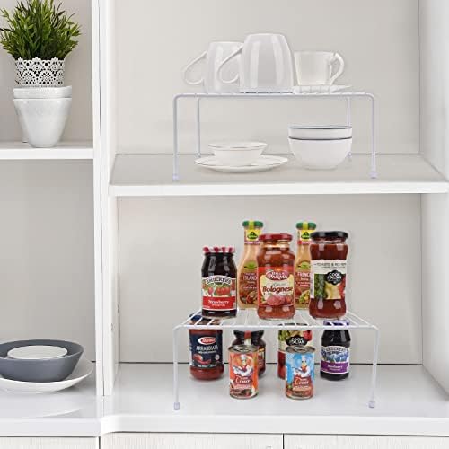 Set of 6 - Kitchen Storage Shelf Rack (13.1 x 10.2 Inch)/Plastic Feet - Medium - Steel Metal - Rust Resistant Finish - Cups, Dishes, Cabinet & Pantry Organization - Kitchen (White)