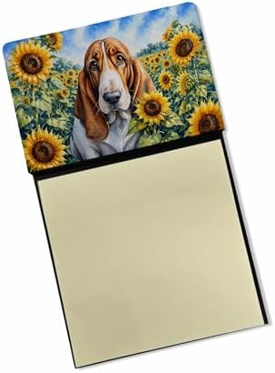 Caroline's Treasures Basset Hound in Sunflowers Watercolor Sticky Note Holder Refillable Dispenser Desk Accessory 3x3 Pad Gift