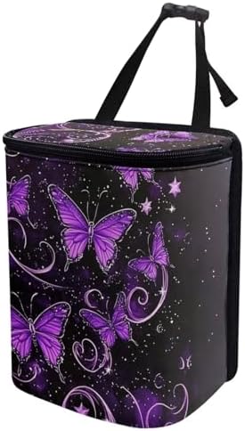 DISNIMO Purple Neon Butterfly Car Trash Can with Lid Collapsible Reusable Car Garage Bag Trash Bin, Automotive Garbage Can,Car Accessories Interior Car Organizer, Black