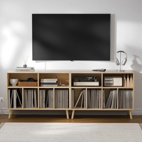 Cozy Castle Record Player Stand with Vinyl Storage Cabinet, Wood Turntable Table Open Shelf Holder Up to 350 Albums Cube Storage Organizer for Living Room, Office, Oak