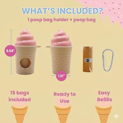 Ice Cream Dog Bag Dispenser | One Clip Doggie Poop Bag Holder | Bags Waste Container for Leash for Small Medium Large All Size Dogs | Cute and Fun Design | 15 Bags Included | Pink Color