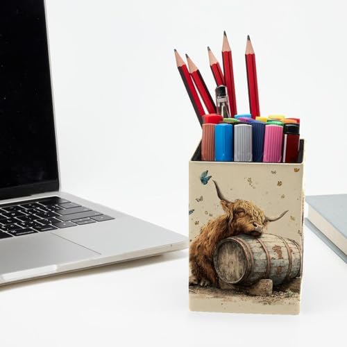 Highland Cow Pen Holder for Desk Decor, Rectangular PVC Leather Pencil Cup for Desk Pen Organizer, Makeup Brush Holder for School, Home, Office