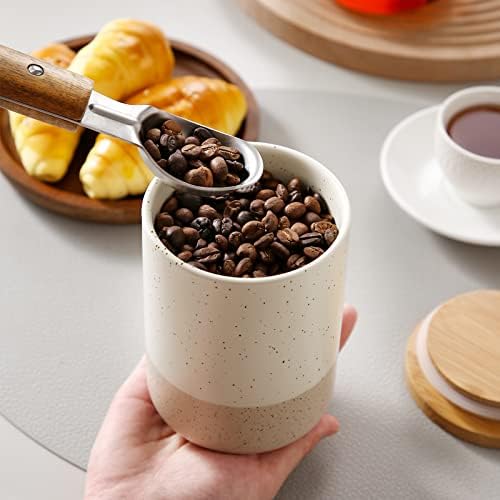 vancasso Sabine Small Ceramic Canister with Airtight Wood Lid - 18 oz Kitchen Storage for Coffee, Sugar, Tea & Spices - Compact Countertop Jar