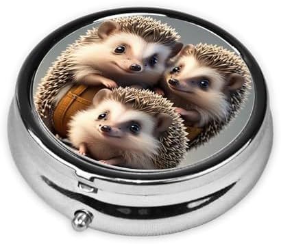 ZhongGuo Cute Little Hedgehogs Printed Pill Organizer,Round Travel Pill Organizer Mini Medicine Pill Box for Purse Iron Plating
