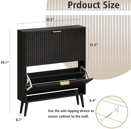 KIGOTY Narrow Shoe Storage Cabinet, Shoe Cabinet with 2 Flip Drawers, Freestanding Shoe Organizer with Legs for Entryway, Slim Shoe Rack Cabinet for Enterway (Black-Gold, 2 Flip Drawer)