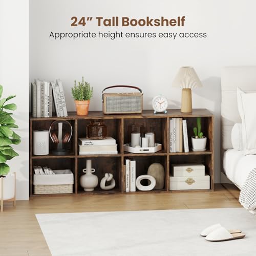 Giantex 8-Cube Bookcase, Floor Standing Bookshelf with Storage & 2 Anti-Tipping Kits, Open Storage Organizer, Cubby Wooden Book Shelf for Living Room, Study (Rustic Brown, 8-Cube)