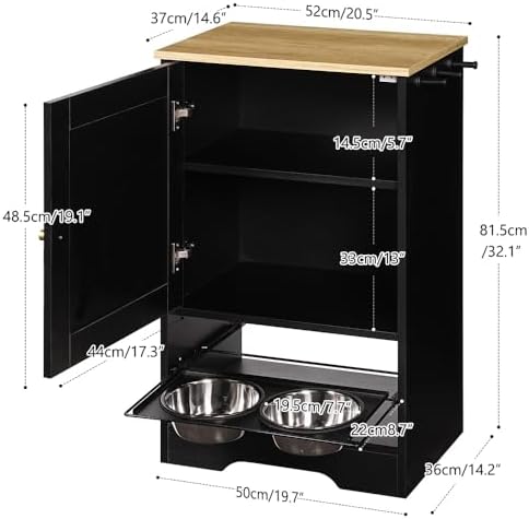 Pet Feeding Station with Elevated Bowls and Storage Cabinet for Dogs and Cats, 8 Inch Height Design for Neck Support in Living Room or Bedroom
