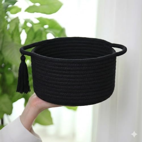 Small Gift Basket Empty to Fill with Gifts Bag & Ribbon, Black | Cute Decorative Mini Woven Rope Basket with Handles for Gifting; Reusable for Bathroom Counter or Desk Catchall, 8 x 4.7 in