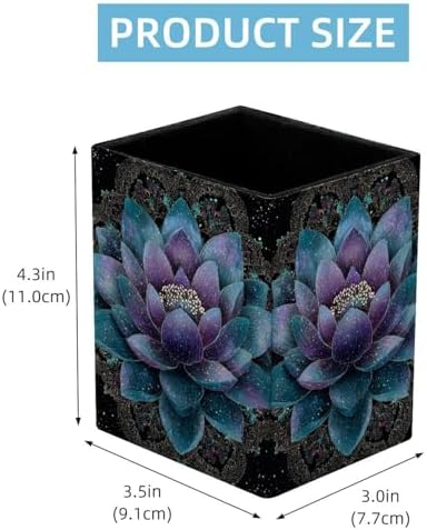 Lotus Flower Pen Holder for Desk Decor, Rectangular PVC Leather Pencil Cup for Desk Pen Organizer, Makeup Brush Holder for School, Home, Office