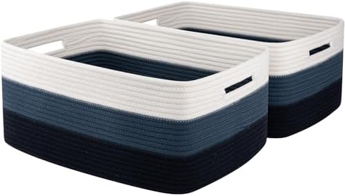 OIASKET Large Storage Basket for Organizing, Woven Rope Basket for Shelves, Closet Organizer Bins for Clothes, Blanket, Toys, Baby Nursery Storage, 17.7" x 13" x 7.87", 2 Packs Gradient Blue