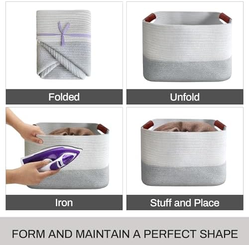 Small Cotton Rope Storage Basket with Leather Handles, 15 "L x 11.5" W x 7.5 "H, Home Decor Basket, Durable & Stylish Organizer for Home.(Small Light Gray)